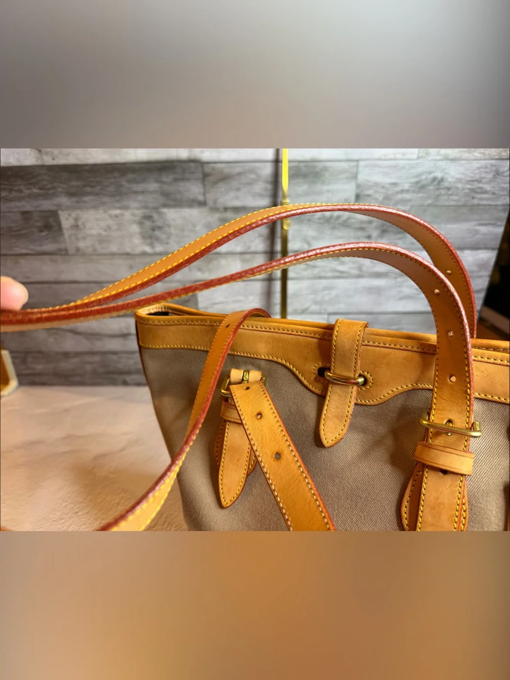 Vintage Dooney & Bourke USA Canvas Bucket Tote British Tan Leather Duck Tag